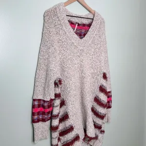 Free People Cloud Oversized Tunic Sweater V Neck Grey Tan Red Pink Size XS thumbnail 8