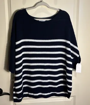 NWT Navy & White Stripe Lightweight‎ Sweater Women Size Medium Nautical Coastal thumbnail 1