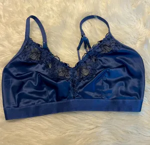 Aerie Blue Satiny Bra Size XL unpadded under wireless lace trim strappy back thumbnail 1