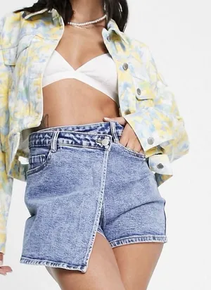 ASOS Urban Revivo Asymmetric Denim Wrap Shorts Light Blue EUC Size‎ S thumbnail 1