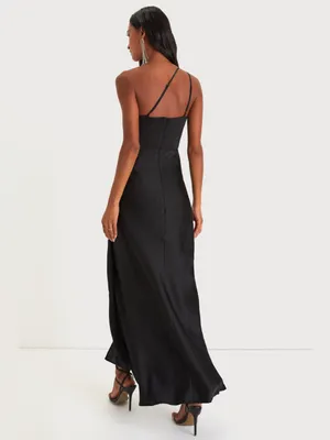 LULU’S Signature Elegance Black Satin One-Shoulder Maxi Dress thumbnail 5