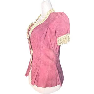 Vintage Pink Suede Lace Trim Western‎ Prairie Blouse Peplum Romantic Leather Top thumbnail 4