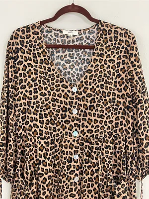 Entro Leopard Print Button‎ Front Babydoll Tunic Top/Dress Size M- Brown/Black thumbnail 4