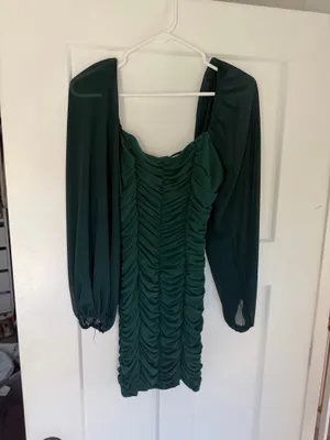 Hello Molly Dark Green Ruched Sheer Sleeve Bodycon Mini Dress thumbnail 2