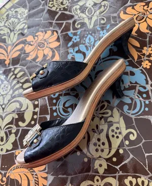 C. Steffens Black Kitten Heel Sandal with Gold Accent thumbnail 1