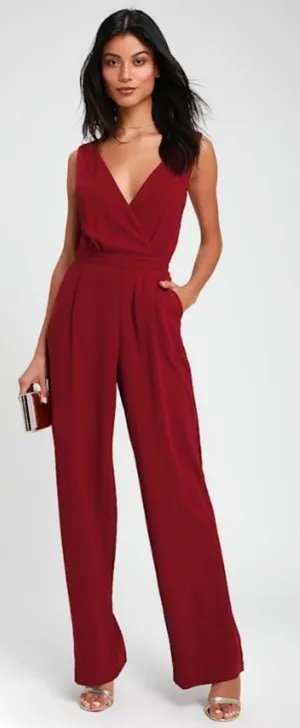 LULU's Sexy Elegant Chic Lace Minimalistic Wedding Burgundy Wide Leg Jumpsuit thumbnail 1