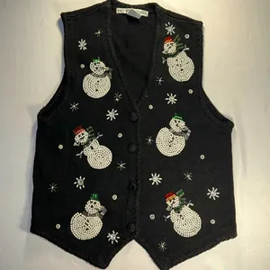 VICTORIA JONES • Vtg Christmas Vest Sweater Beaded Snowman Ugly Sweater Black Lg thumbnail 6