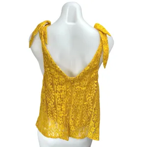Lush Yellow Floral Lace Sleeveless V-neck Cami Camisole Tie Strap Tank Top Sz L thumbnail 2