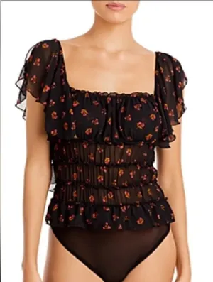 Free People Black Floral Square-Neck Bodysuit thumbnail 1