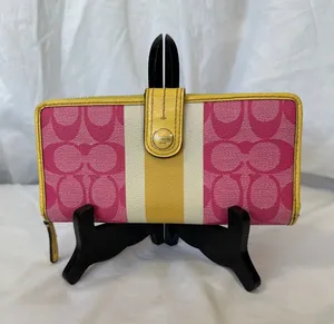 Coach Signature Pink Heritage White Yellow Stripe Accordion Wallet EUC thumbnail 1