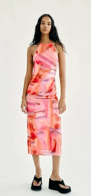 ZARA midi dres mesh fitted pink casual summer party drapped ruched tulle thumbnail 6