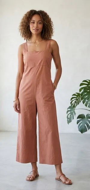UNIQLO Terracotta Linen Blend Wide Leg Jumpsuit Square Neck Minimalist Small thumbnail 1