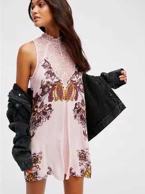 NEW Free People Marsha Lace-Neck Printed Mini Dress Tunic Top thumbnail 1