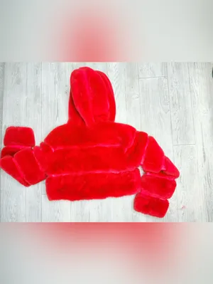 Red fluffy faux fur red long sleeve hooded cropped jacket coat small thumbnail 4