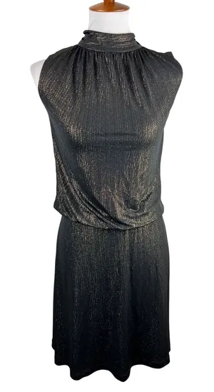 Veronica M Black‎ Gold Lurex Sparkle Mock Neck Backless Draped Cocktail Dress XS thumbnail 1