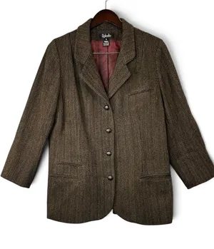 Vintage 2000s Rafaella Women’s Brown Herringbone Tweed Wool Blazer Size 16 thumbnail 1