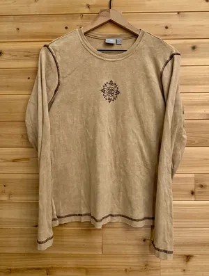 Vintage Y2K Large Tan Acid Wash Long Sleeve Cotton Bedazzled Shirt thumbnail 1