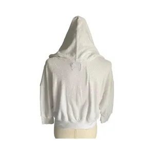 JUICY COUTURE-WHITE ZIP FRONT HOODIE-WOMENS SIZE SMALL Cozy white hooded zip-up jacket with drawstrings. Perfect for casual wear, 3/4 sleeves, gold hardware, J zipper pull, 100% cotton, has stretch, excellent condition Measurements: Bust: armpit to armpit 23-25 inches Length: shoulder seam to bottom 20 inches thumbnail 3