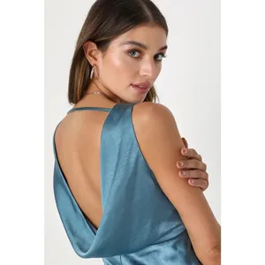 NEW Lulus Incredible Love Slate Blue Satin Cowl Back Midi Slip Dress Formal M thumbnail 4