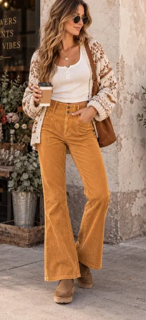 We The Free People Jayde Corduroy Flare High Rise Ginger Spice Yellow Pants thumbnail 1