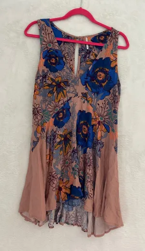 Free People Floral Sleeveless Mini Dress V-Neck High-Low Boho Pink‎ Blue XS thumbnail 1