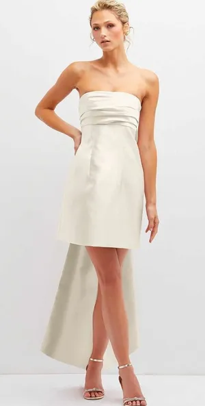 Dessy Group STRAPLESS SATIN COLUMN MINI DRESS WITH OVERSIZED BOW IN IVORY thumbnail 1