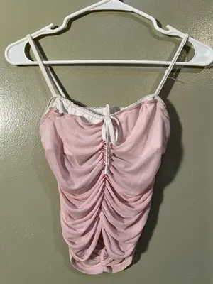 Women's Ruched Corset Cami Tank Top Light Pink White Semi-Sheer Sweetheart Neck thumbnail 3