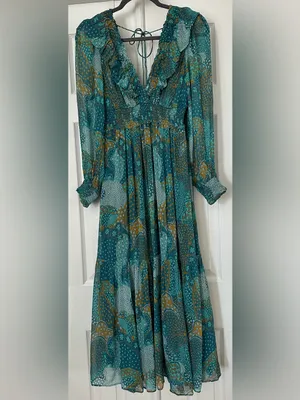Anthropologie Odetta Ruffled V-Neck midi Dress Teal Gold Boho Mixed Print Small thumbnail 4