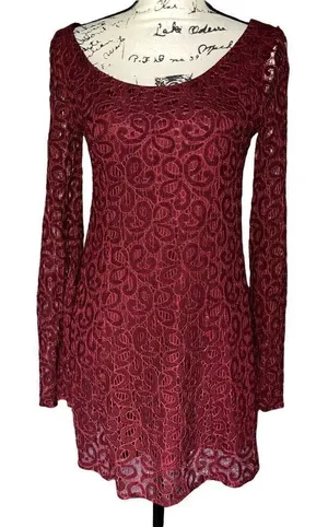 Altar'd State Burgundy Floral‎ Lace Long Sleeve Mini Dress Scoop Neck Wine XS thumbnail 1