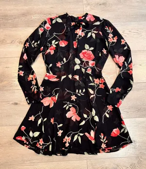 Reformation‎ Portia Dress Black Floral Print Long Sleeve Tie Neck Mini Size 4 thumbnail 1