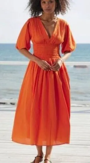 AYR Extra Extra Midi Dress Cara Orange Smocked Waist Tiered Cotton Size Small thumbnail 1