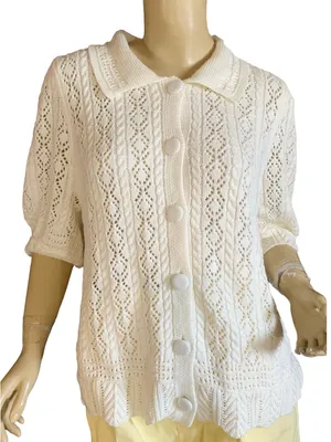 Lands' End Pointelle Knit Cotton Blend White Puffed Sleeve Cardigan (Xl) thumbnail 2