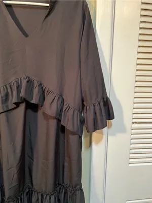 Women’s Size Large Mini Dress Black Ruffle V-Neck A-Line 3/4 Sleeve Collared LBD thumbnail 4