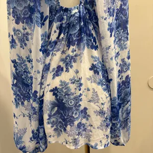 Maeve Anthropologie Blue White Floral‎ Sheer Tunic Blouse High Neck Tie Back L thumbnail 12