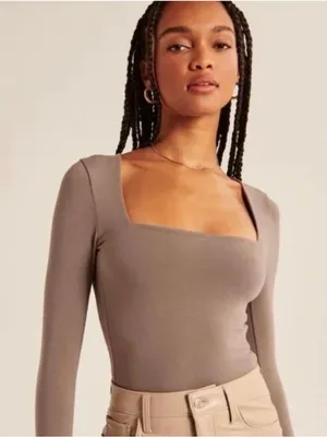 Abercrombie & Fitch Taupe Square-Neck Long Sleeve Bodysuit thumbnail 1