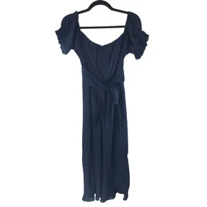 Selfie Leslie Midi Dress Puff Sleeve Tie Waist Off Shoulder Satin Navy Blue M thumbnail 2