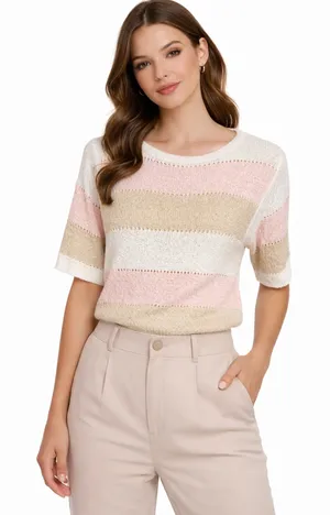 Vintage 1970s Striped Knit Sweater Short Sleeve Pullover thumbnail 1