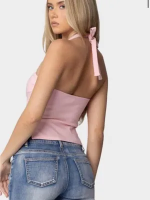 EDIKTED Dara Halter Top Baby Pink Summer Sleeveless Crop Festival Coquette XS thumbnail 3