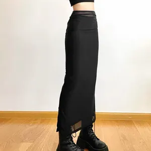 Black Minimalist Y2K Mesh Stretchy Flowy Elastic High Waisted Long Maxi Skirt thumbnail 2