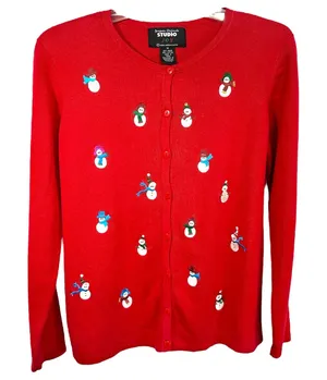 Studio Joy Medium Sweater Red Snowman‎ Holiday Ugly Christmas Cardigan 699 thumbnail 1