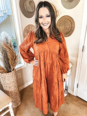 Umgee Floral Detail Tiered Collared V-Neck Midi Dress Rust / Burnt Orange thumbnail 2
