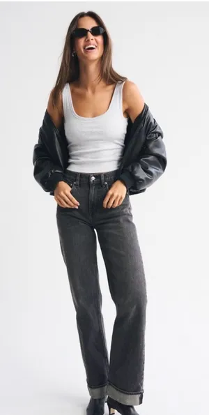 Abercrombie High-Rise Relaxed Cuffed Jeans — Charcoal Gray thumbnail 1