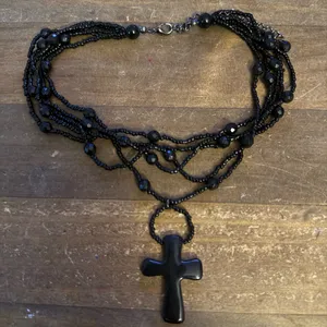 Black multi strand beaded cross pendant choker necklace thumbnail 1