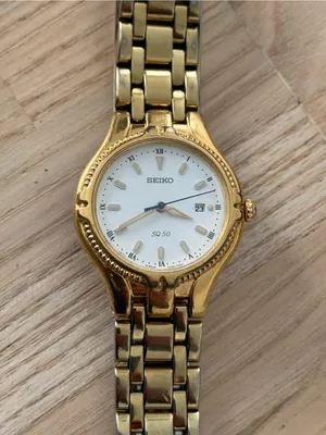 Seiko Vintage Watch Gold Bracelet Case White Dial Blue Gold Hands Date Window thumbnail 3