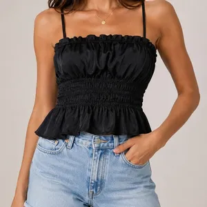 H&M Black Smocked Peplum Cami Top Spaghetti Strap Ruffle Hem Y2K Going Out thumbnail 1