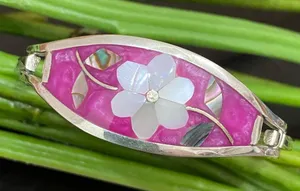 Vintage Alpaca Mexico Mexican Silver Mother of Pearl Inlaid ID Cuff Bracelet thumbnail 2