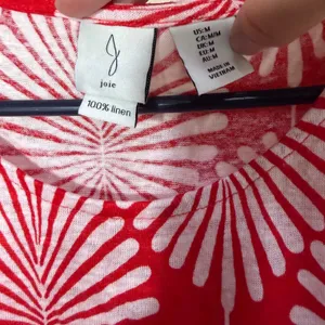 Joie Womens Red White Palm Leaf Print 100% Linen Scoop Neck Cap Sleeve‎ Top M thumbnail 3
