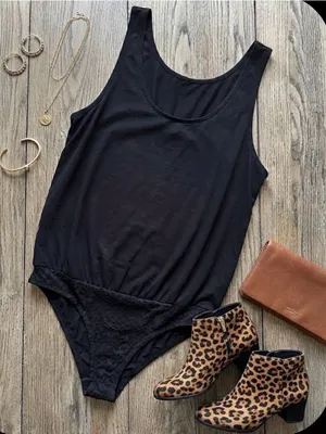 Free People Black Lace-Trim raw hem oversized Tank Bodysuit Bandeau fits size Lg thumbnail 1