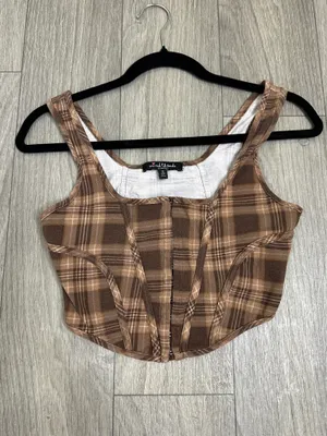 Brown Plaid Crop Top Hook and Eye Front Size Small | Grunge thumbnail 5