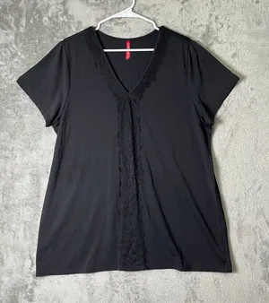 Ruby Ribbon XL Black V Neck Lace Trim Short Sleeve Top Stretch Blouse thumbnail 1